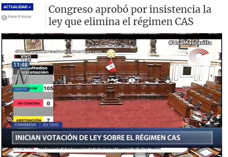 CONGRESO APROBÓ POR INSISTENCIA LA LEY QUE ELIMINA EL RÉGIMEN CAS